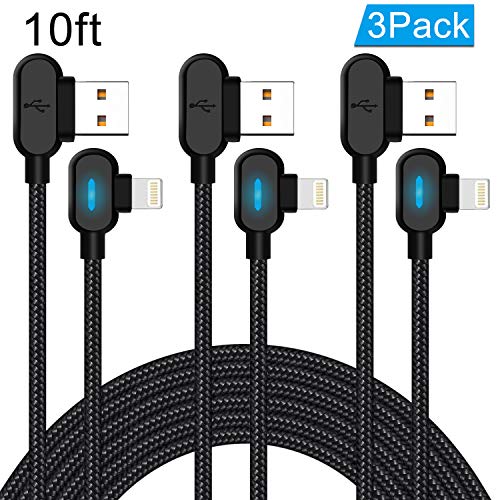 90 Degree iPhone Charger Cable 10ft Right Angle Lightning Cable with Blue LED
