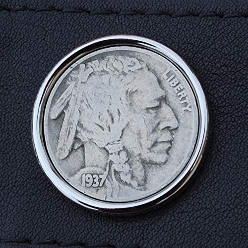 US 1937 Indian Head Buffalo Nickel Coin Genuine Full-Grain Black Leather Magnetic Money Clip Wallet & Card Holder RFID Blocking3