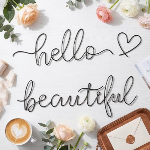 Image of Hicarer Metal Hello Gorgeous Wall Art Minimalist Decor for Bedroom Bathroom Living Room Dressing Room Salon Office Home Decorations Easy to Install Wall Decor(Black,Lovely Style)