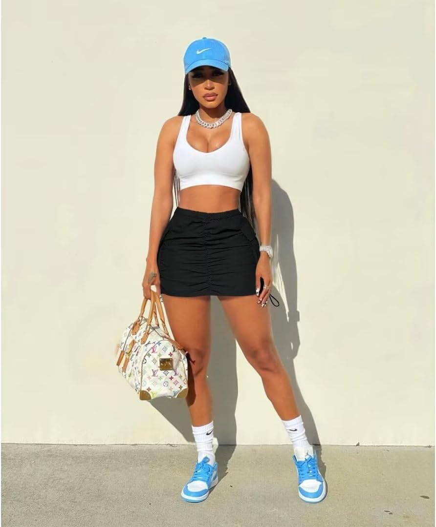 Cargo Skirts for Women Ruched Mini Skirt Side Drawstring High Waisted Skirt - Image 6