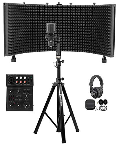 Rockville RockMix 5 Channel Pro Mixer Bundle with Rockville ROCKSHIELD 3 Mic Isolation Shield & Rockville RCM PRO Microphone & Rockville PRO-M50 Studio Headphones & Rockville RVES05 Stand (5 Items)