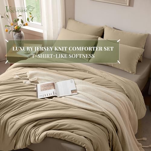 Image of Full Size Comforter Set, Comforters Full Size Luxury Ultra-Soft Jersey Knit Bedding Sets, Khaki Lightweight Down Alternative Bed Comforter for All Season, 3 Piece Bedding Set