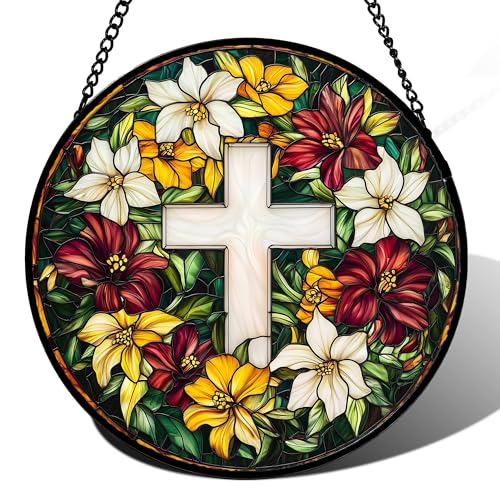 Christian Cross Flowers Stained Glass Window Hanging Suncatcher Gifts 15"