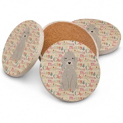 Caroline's Treasures Merry Christmas Bedlington Terrier Blue Large Sandstone Coasters Pack of 4 Absorbent Round Coasters Decor Gifts for Men or Women, 4 in, Multicolor