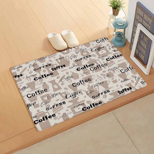 Coffee Brown Antifatigue Kitchen Bath Door Mat Cushioned Runner Rug,Washable Welcome Floor Sink Mat,Waterproof & Non-Slip Standing Doormat for Kitchen,Vintage Abstract Coffee Words Cups 20