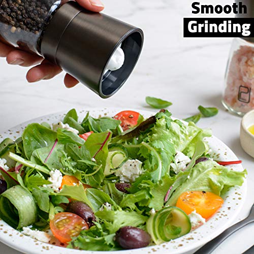 Premium Black Stainless Steel Salt And Pepper Grinder Set With Stand In Bamboo Wood - Gunmetal Salt And Pepper Shakers With Adjustable Coarseness - Bronze Pepper Mill And Salt Grinders Shaker Set #TOP2