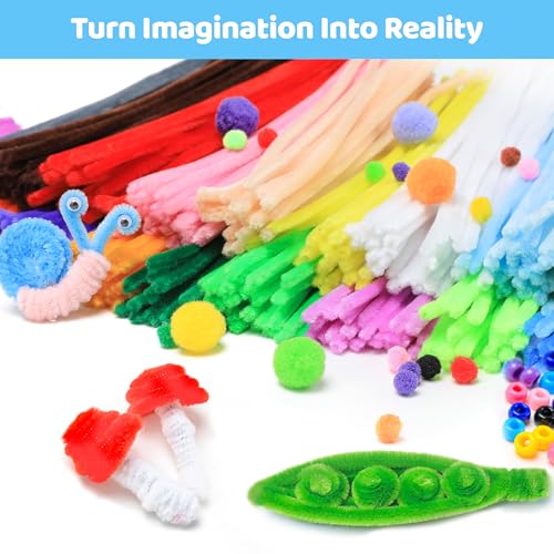 Tiehuoxia Craft Pipe Cleaners 1000pcs in 20 Colors & Mixed Supplies 500pcs, Scissors & Tutorial Manual Included, Multicolor Pony Beads, Googly Eyes, Pom Poms, Pearl Beads - Thumbnail 6