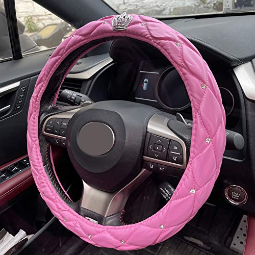 Fangfei Crown Car Steering Wheel Cover With Bling Diamond For Girls & Women - Cute And Pink, Natural Latex Non-Toxic And Odorless Safe Driving (Pink - Diamonds) #TOP4
