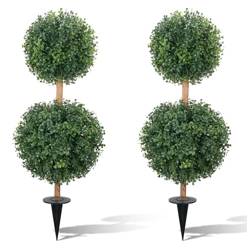 Zythrem 2.6FT Topiary Trees Artificial Outdoor Porch Plants Double Boxwood Topiary Ball with Ground Spike Set of 2 Faux Boxwoods for Outdoor Planters Front Door Entrance Garden Indoor Home