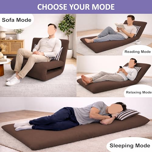 Image of Adorn India Easy Multi Mode 1 Seater Sofa Cum Bed | Velvet Fabric | Brown | Stripes Design | Comfortable Seating | Washable Cover | Perfect for Home & Office
