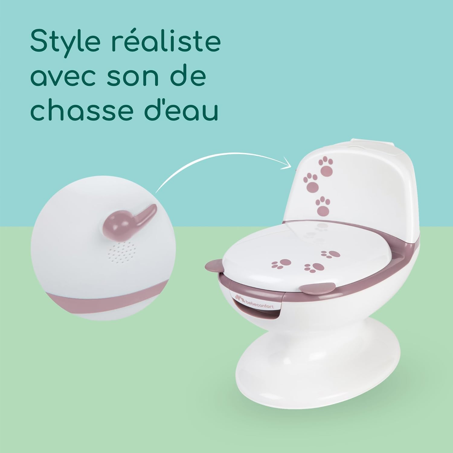 Bebeconfort Pot Bébé Toilette, Siège d'Apprentissage de la Propreté, 1-3 ans, 0-20 kg, Pare-Éclaboussures, Vrai Son de Chasse d'Eau, Cuvette Amovible, Facile à Nettoyer, Ours Lavande - 4