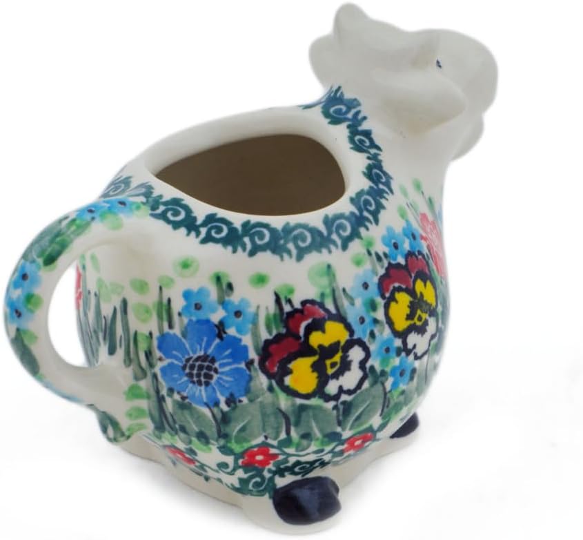 Polmedia Polish Pottery Cow Shaped Creamer UNIKAT - Country Bouquet Pattern Handmade in Boleslawiec Poland by Ceramika Artystyczna + Certificate of Authenticity