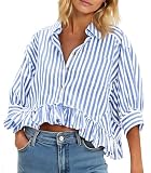 Cicy Bell Womens Cropped Striped Button Down Shirts Ruffle 3/4 Length Sleeve Summer Tops Dressy Casual Blouses Blue
