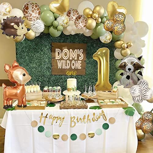 1st Birthday Decorations Boy Girl, First Birthday Decoration, Sage Green 1st Party Balloons with Number 1 Foil Balloon and Happy Birthday Banner for Wild One Safari Party Decoration