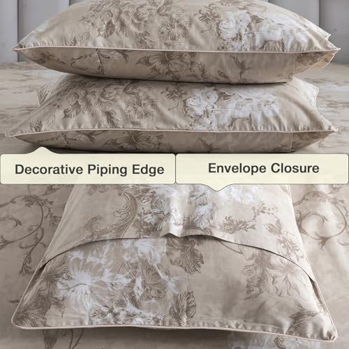 Image of Dark Beige Vintage Floral Percale Bed Sheets King Size Deep Pocket | 100% Cotton Brown Flower Farmhouse Sheets, Neutral Patterned Toile Sheet Set, Cottage Core Bedding, Shabby Chic, Crisp, 4Pcs