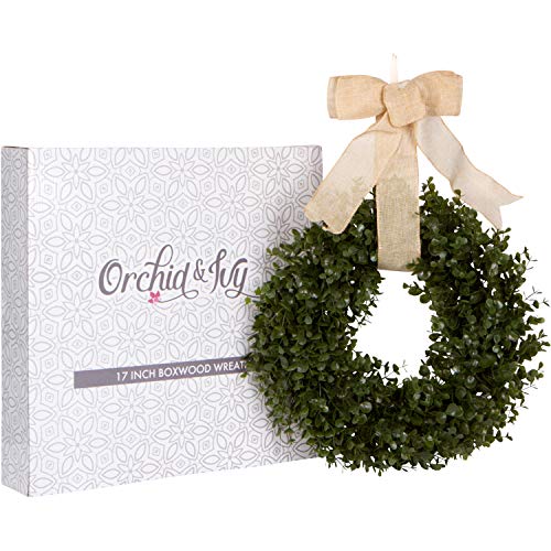 Orchid & Ivy 17-Inch Green Artificial Boxwood Wreath With Burlap Hanging Ribbon - Outdoor Indoor All-Weather Farmhouse Decor Front Door Wall Hanging Christmas Decoration #TOP6
