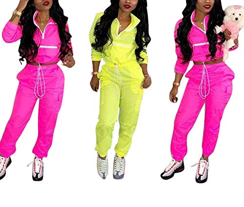 Eosiedur Women 2 Piece Outfits Tracksuit Jumpsuits Lightweight Windbreaker Pullover Jacket Crop Top Pants Set Medium 4-6 Rose Pink #TOP2