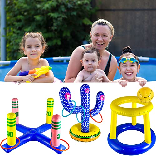 12Pack Pool Floats Toys Games Set For Kids Adults - Inflatable Basketball Hoop With Ball & Cross Ring Toss Game& Cactus Pool Toy With 8 Rings Floating Water Fun Toys For Kids Swimming Party Supplies #TOP2