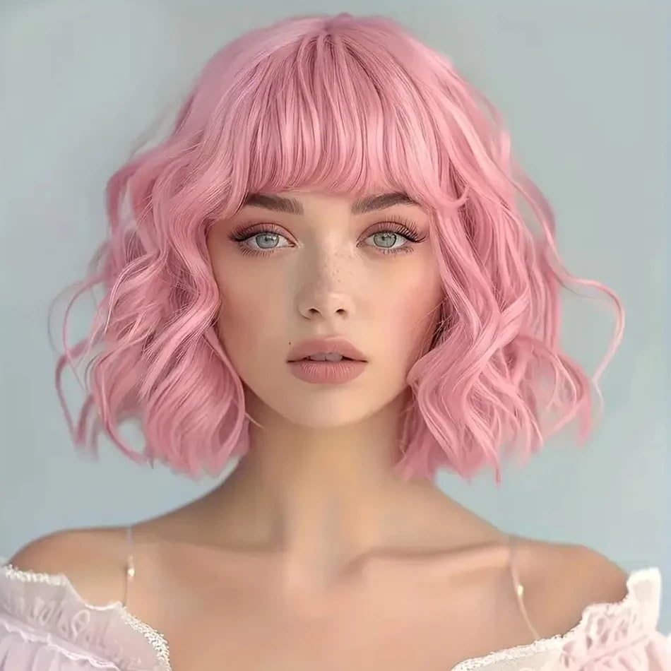 Pinke Locken-Perücke Mit Pony – Ca. 35,6 Cm, Synthetisch, Hitzebeständig, Für Cosplay & Party
