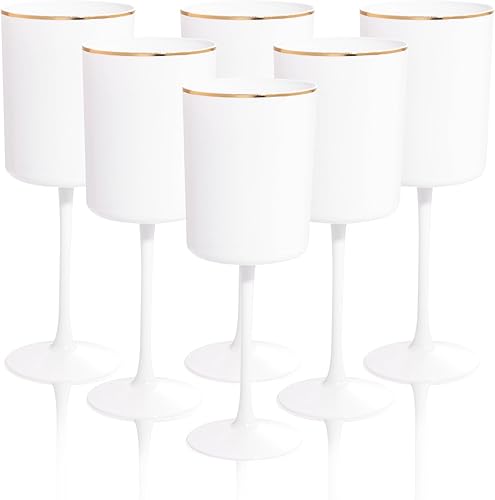 Ciaell Paquete de 12 copas de vino de plástico blanco Copas de vino de plástico de 10 onzas con tallo Copas de vino desechables blancas y doradas,