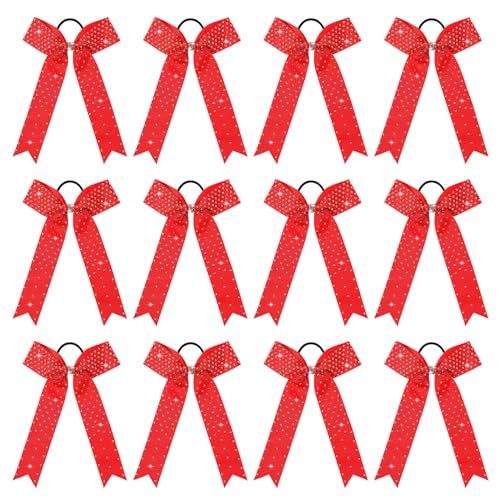 DEEKA 12 Count Cheer Bows, Collegiate Style Cheer Bow - Red with Rhinestones, 100% Hand-made for Teen Girls Softball Cheerleader Sports, Hair Accessories