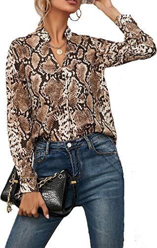 Alinfu Womenâ€™s Casual Chiffon Long Sleeve Blouse Shirts V Neck Printed Tunic Tops (Brown Leopard Printed, Large)
