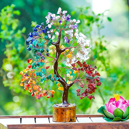 Seven Chakra Crystal Tree - Handmade Feng Shui Copper Wire Bonsai - Natural Stones - W/ 7 Chakra Tree Of Life Necklace - Money Tree - Gem Bonsai - Spiritual Gift - Mediation, Good Luck | 10-12 Inch #TOP5