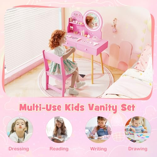 Image of HONEY JOY Kids Vanity, Little Girls Vanity Set with Mirror and Stool and Lights, Drawers, Toddler Makeup Vanity Dressing Table, Wooden Pretend Play Kids Vanity Table and Chair Set (Pink)