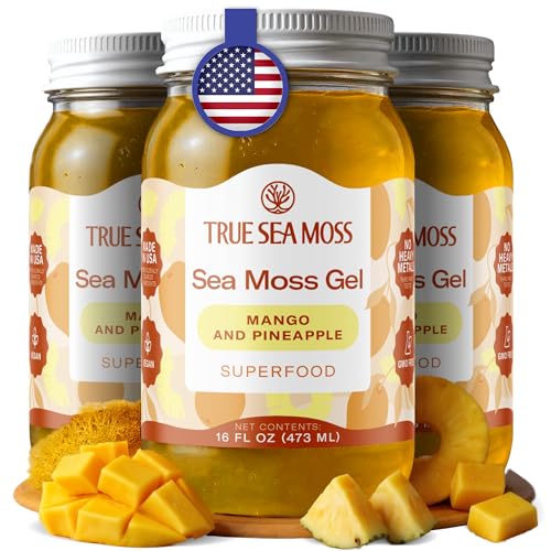 TrueSeaMoss Sea Moss Gel – Made in USA – Wildcrafted Seamoss, Fruits &amp; Jarred Vegetables – Mango/Pineapple, Pack of 3 (Labels may Vary)