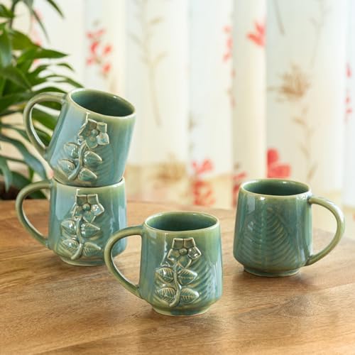 Image of ExclusiveLane 'Sage Serenity' Hand-Embossed Ceramic Coffee Mug Ceramic Mugs for Milk Chai Tea Cup (Set of 4, 330 ML, Microwave Safe)