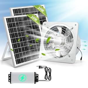 Solar Powered Exhaust Fan with Rechargeable Battery, 2Pcs 20W Solar Panel + 10” All-metal High-airflow Exhaust Fan, Ventilation Solution for Greenhouse, Sheds, Chicken Coops, Pet Houses