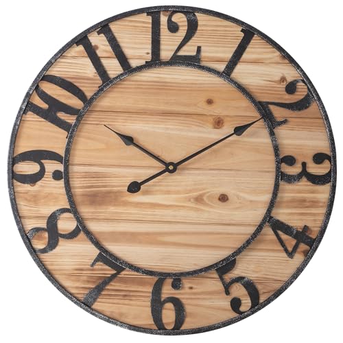 Large Wall Clocks for Living Room Decor, 24 in Farmhouse Wall Clock Wood Base Metal Frame, Silent Battery Operated Brown Rustic Country Shiplap Round Decorative Wall Clock for Kitchen, Dining Room