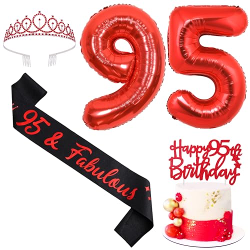 Sursurprise Red and Black 95th Birthday Decorations for Men Women, 95th Birthday Sash and Tiara, Cake Topper, Balloon, 95 Year Old Bday Party Supplies