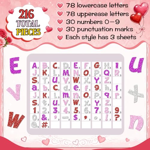 Image of Colarr 216 Pcs Glitter Bulletin Board Letters for Classroom Number Alphabet Punctuation Symbol Cutout 4'' Die-Cut Poster Letter with Adhesive Dot School Party Holiday Decor Display(Valentine Color)