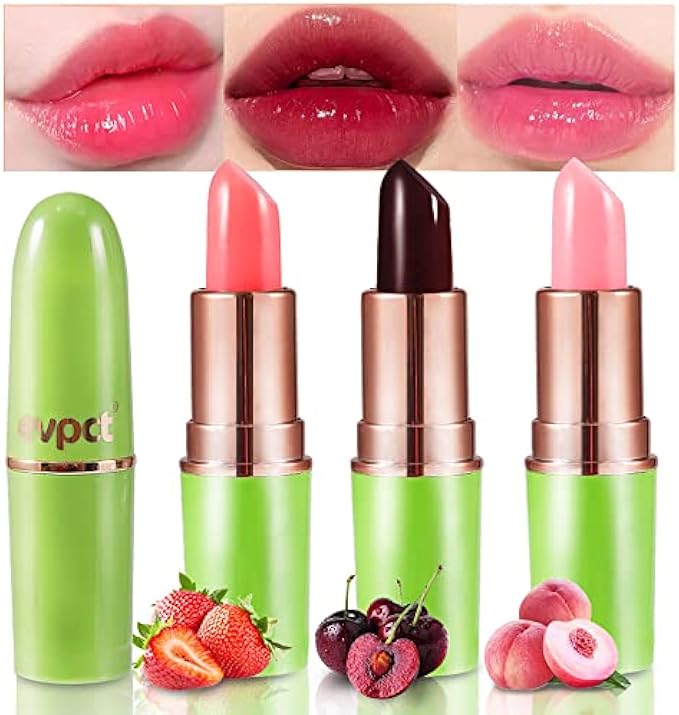 evpct 3Pcs Peach Strawberry Black Red Cherry Tinted Lip Balms PH Lip Color Changing Lipstick Stain Set Queen for Women Girls Korean Mood Long Lasting Color Change Light Pink Lipstick Lip Tint Gloss