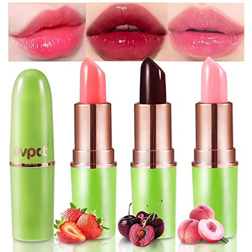evpct 3Pcs Magic Color Changing Lipstick Long Lasting Waterproof 24 Hours Original for Women, Aloe Vera Strawberry Black Red Cherry PH Mood Permanent Color Changing Lipstick Lip Balm, labial magico