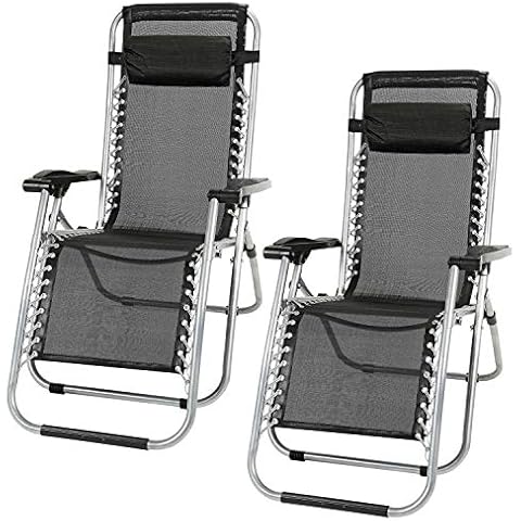 LETTUCE EAT® Set of 2 Black Heavy Duty Textoline Zero Gravity Chairs & Free Side Tables Garden Sunloungers Folding Reclining Chairs Lounger Deck Chairs Cover