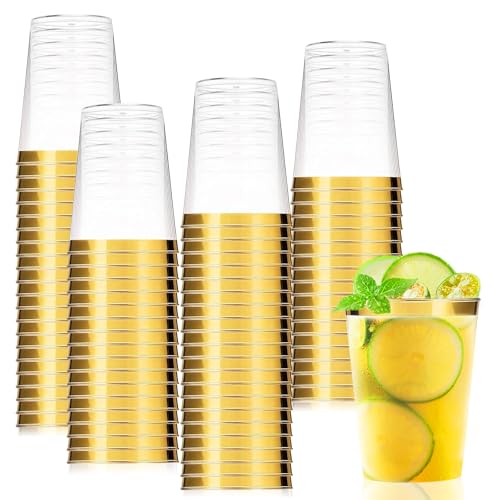 Viapriod Lot De 50 Gobelets Transparents Avec Bord Or En Rigide Réutilisables De 280 ml Pour Fête D'anniversaire, Mariage Et événements,Soda, Dessert,...