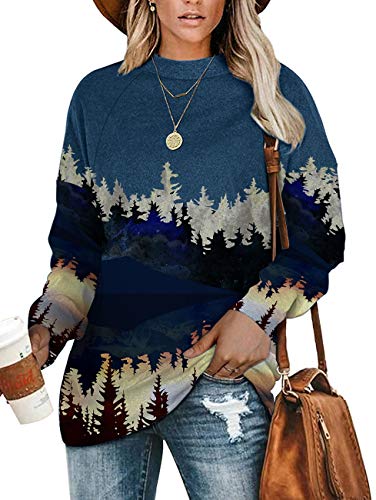 Angerella Women's Autumn Tree Printed Long Sleeve Sweatshirt Round Neck Casual Loose Pullover Tops Shirts Blue Large