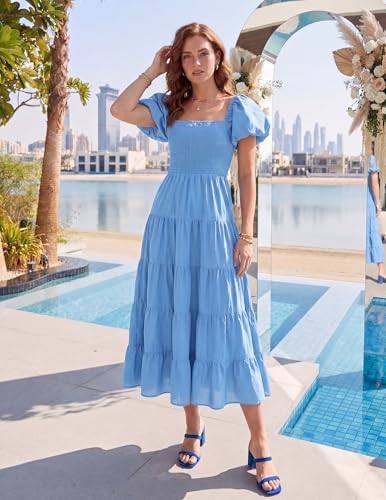 Image of ZESICA Women's 2026 Summer Puff Sleeve Midi Dress 2026 Boho Solid High Waist Flowy Beach Wedding Guest Long Dresses