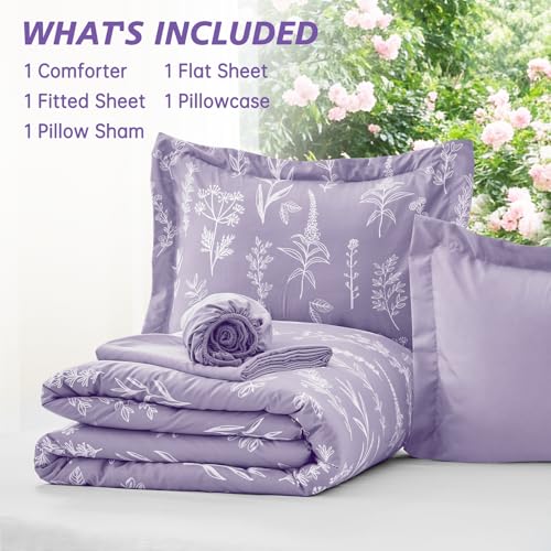 Image of MUXHOMO Lavender TwinXL Comforter Set, Elegant Floral Print Bed in a Bag 5 Pieces, Ultra Soft & Breathable Reversible Botanical Pattern Bedding Set with Comforter, Sheets, Pillowcase, and Sham