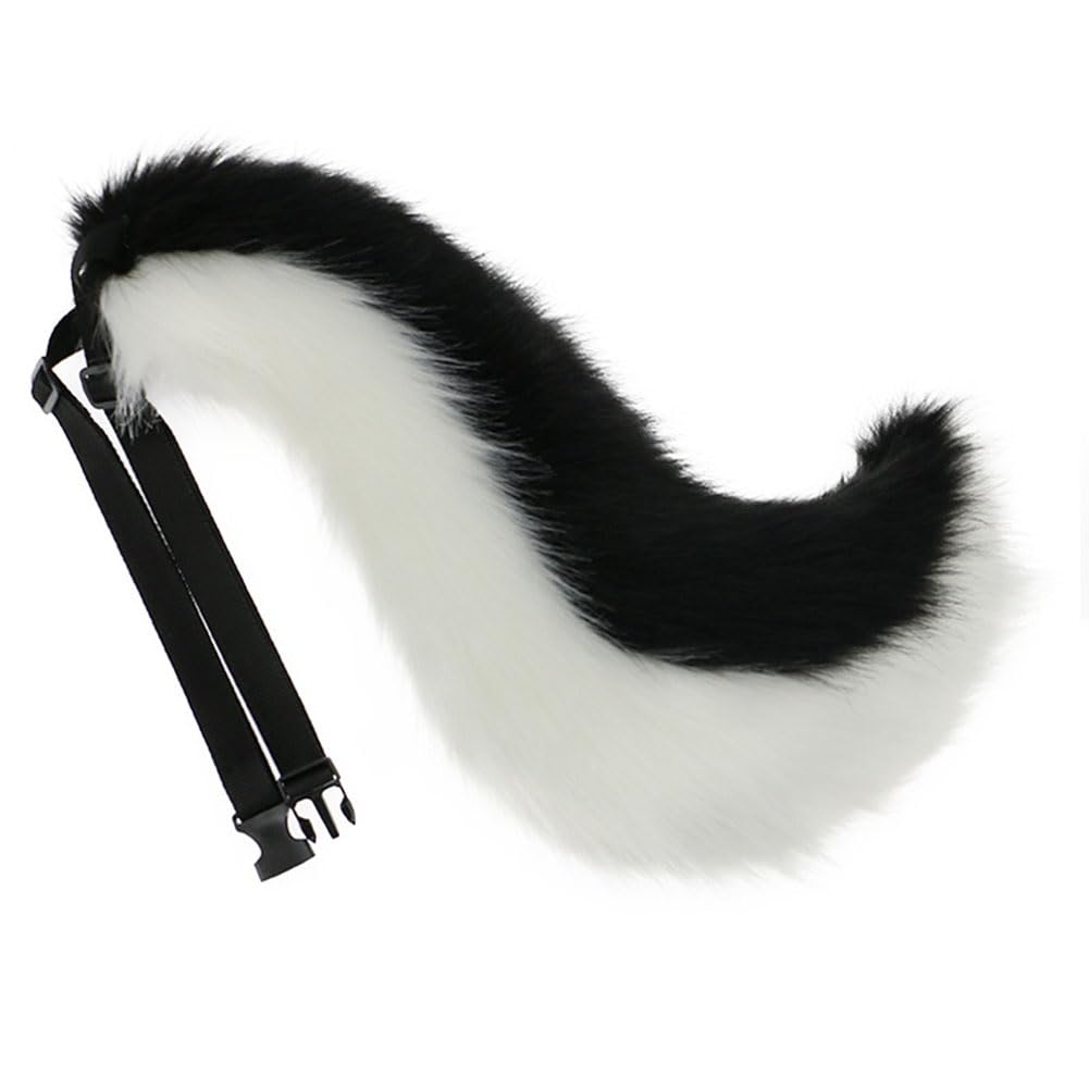ILUFAM Handmade Big Animal Tail Cosplay Prop Faux Fur Wolf Tail for Anime Halloween Fancy Dress Parties (Black&White)
