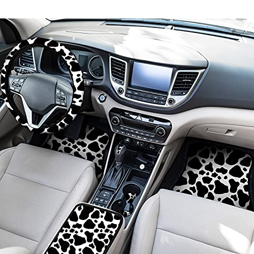 Autozubehör-Set mit Kuh-Aufdruck, für Damen, Herren, Kuh, Auto-Lenkradbezug, Kuh-Druck, Sicherheitsgurtpolster, Auto-Fußmatten, Auto-Becherhalter, Auto-Armlehnenpolster für Damen, Herren, Autos