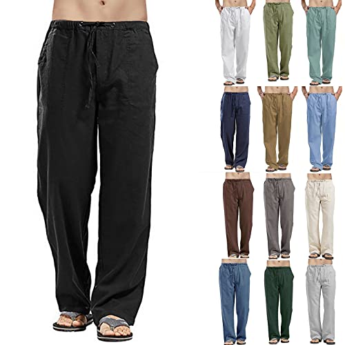 Mens Lightweight Baggy Beach Pants Elastic Waist Drawstring Basic Sweatpants Cotton Linen Yoga Pants Jogging Trouser