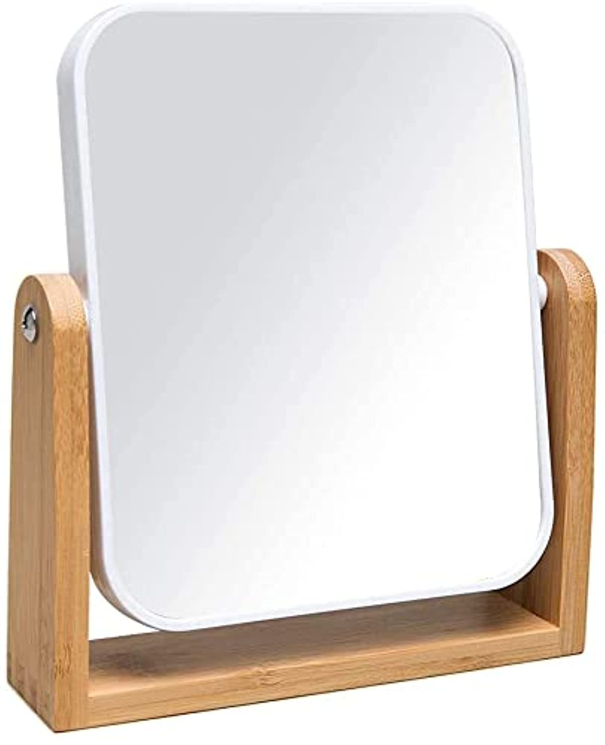 FUSHUN Double Sided 2X Magnifying Makeup Mirror with Bamboo Stand ,Small Desk Table Mirror with 360° Rotation,Standing Portable Cosmetic Mirror,Good for Shower ,Shaving and Traveling-Grey