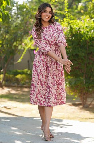 Image of Janasya Women's Cotton Floral Printed Gathered Dress