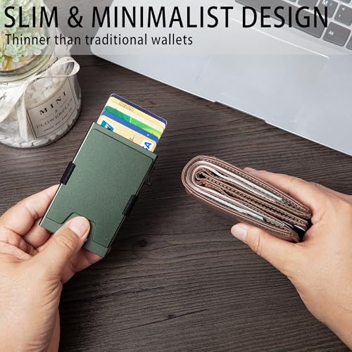 Image of Minimalist Mens Card Holder Wallet, RFID Blocking Slim Smart Pop Up Aluminum Wallet,Holds 12+ Cards,Expandable Compact Plate,Cash Strap /Money Clip (Olive Green)