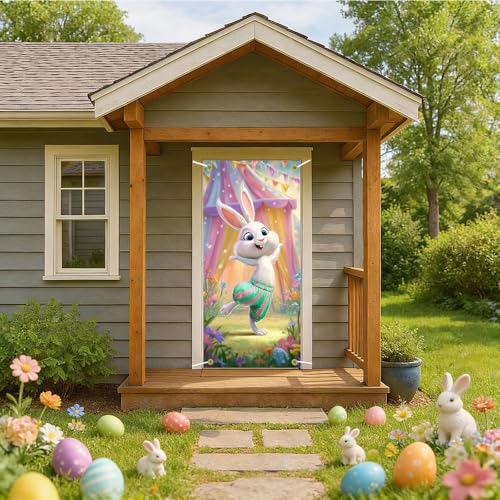 Image of Happy Easter Door Cover Dancing Bunny Banner Carnival Style Spring Front Door Decorations Home Party Outdoor Decor 35.4x71 Inch