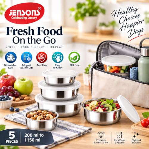 Image of JENSONS Stainless Steel Storage Bowls with Lids | 5 Pieces | 200 ml to 1150 ml | Airtight Food Containers | Stackable Nesting Set | Silver