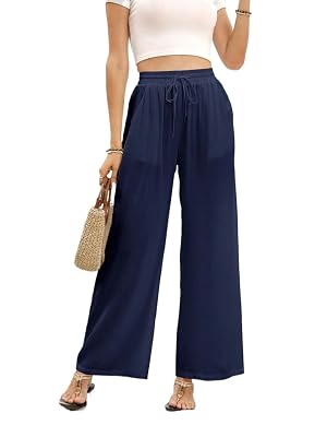 Womens Fall Drawstring Waist Solid Color Pocket Casual Straight Leg Pants Trousers